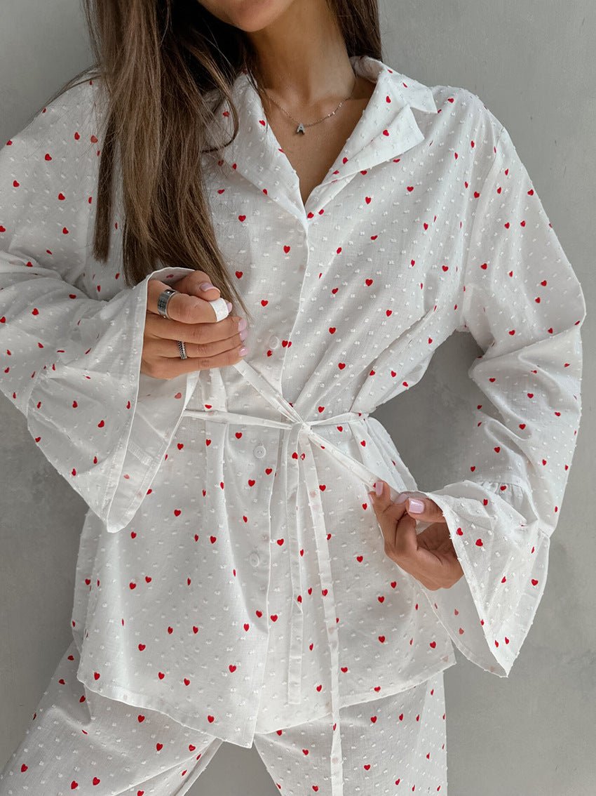 New love print long - sleeved trousers pure cotton pajamas women loose and comfortable loungewear - Negative Apparel