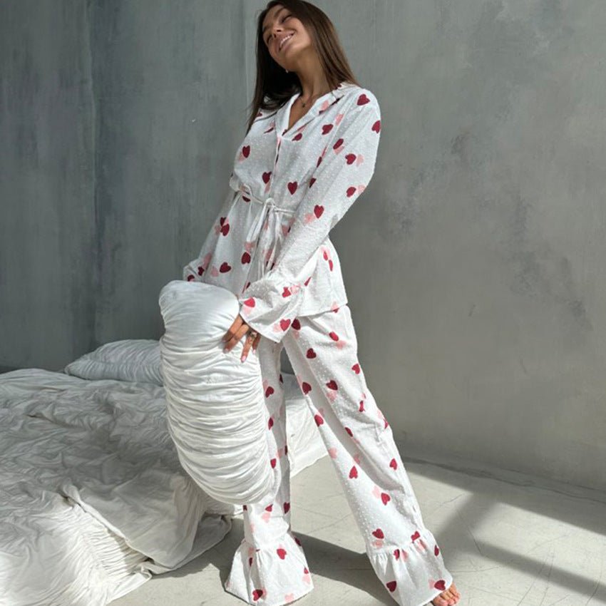 New love print long - sleeved trousers pure cotton pajamas women loose and comfortable loungewear - Negative Apparel