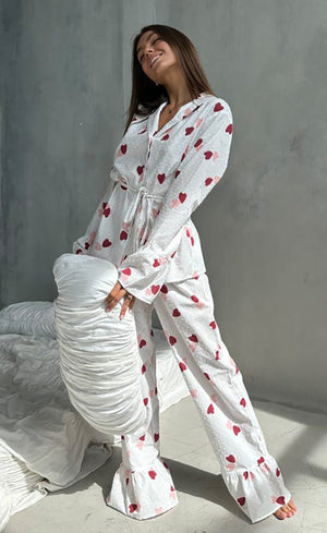 New love print long - sleeved trousers pure cotton pajamas women loose and comfortable loungewear - Negative Apparel