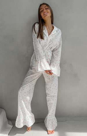 New love print long - sleeved trousers pure cotton pajamas women loose and comfortable loungewear - Negative Apparel