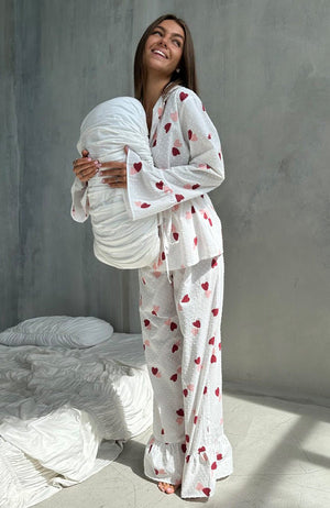 New love print long - sleeved trousers pure cotton pajamas women loose and comfortable loungewear - Negative Apparel