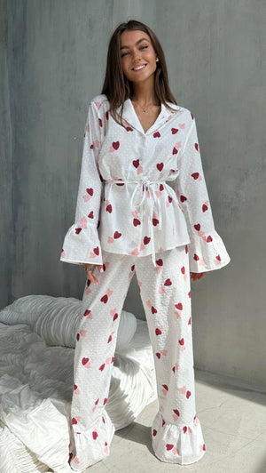 New love print long - sleeved trousers pure cotton pajamas women loose and comfortable loungewear - Negative Apparel