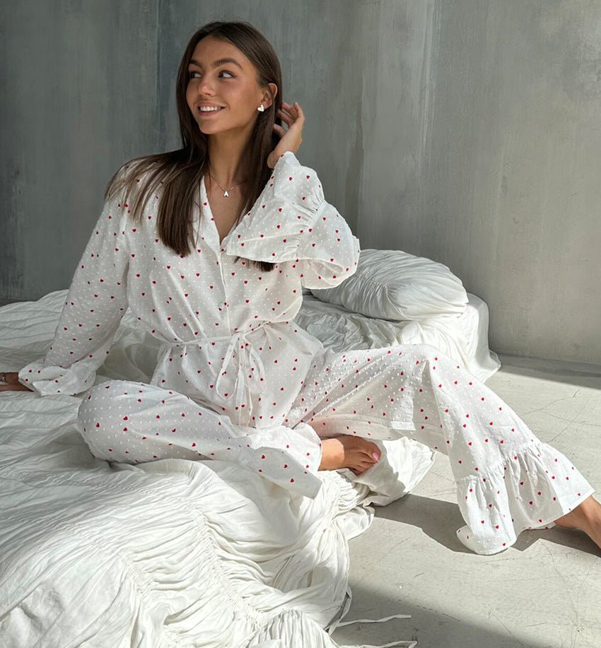 New love print long - sleeved trousers pure cotton pajamas women loose and comfortable loungewear - Negative Apparel