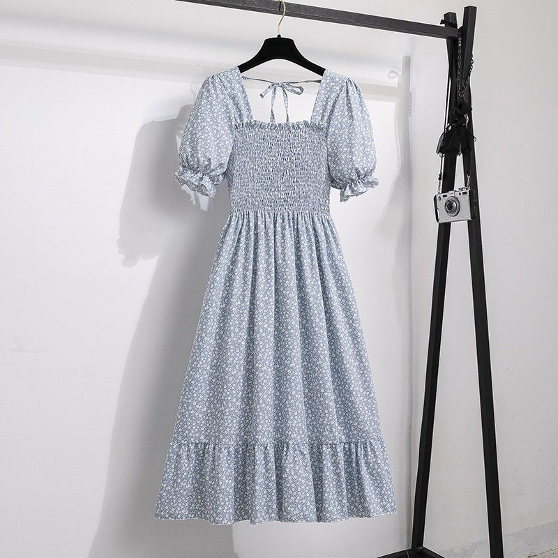 New medium and long skirt French design sense niche high sense floral short - sleeved dress summer women - Negative Apparel