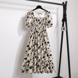 New medium and long skirt French design sense niche high sense floral short - sleeved dress summer women - Negative Apparel