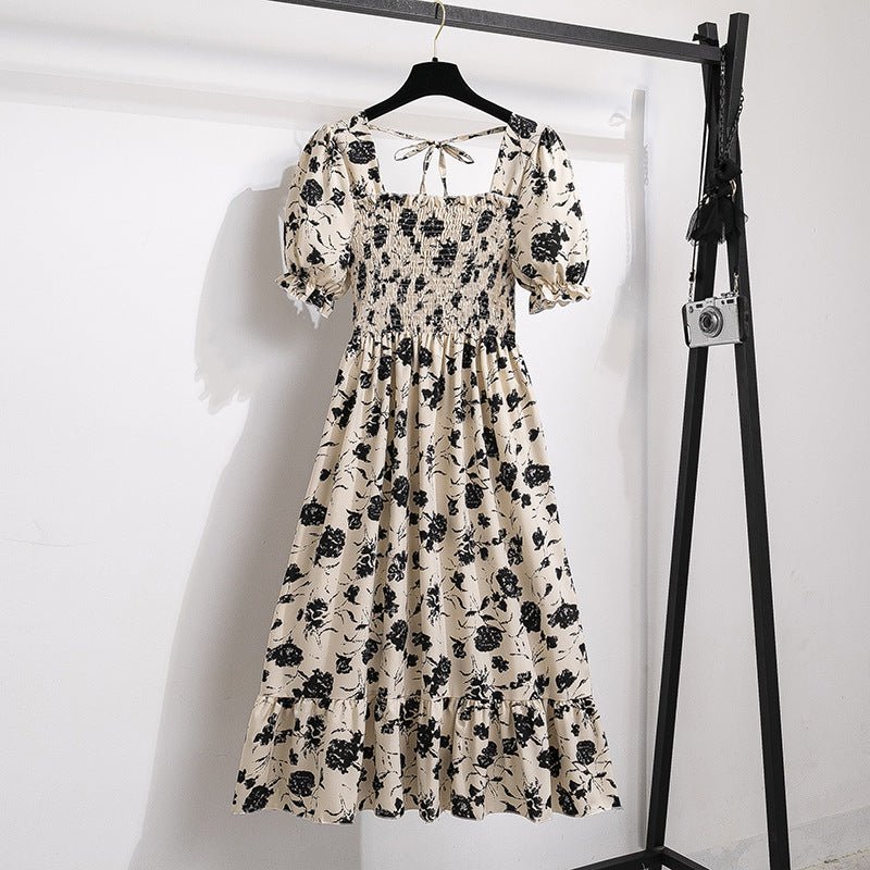 New medium and long skirt French design sense niche high sense floral short - sleeved dress summer women - Negative Apparel