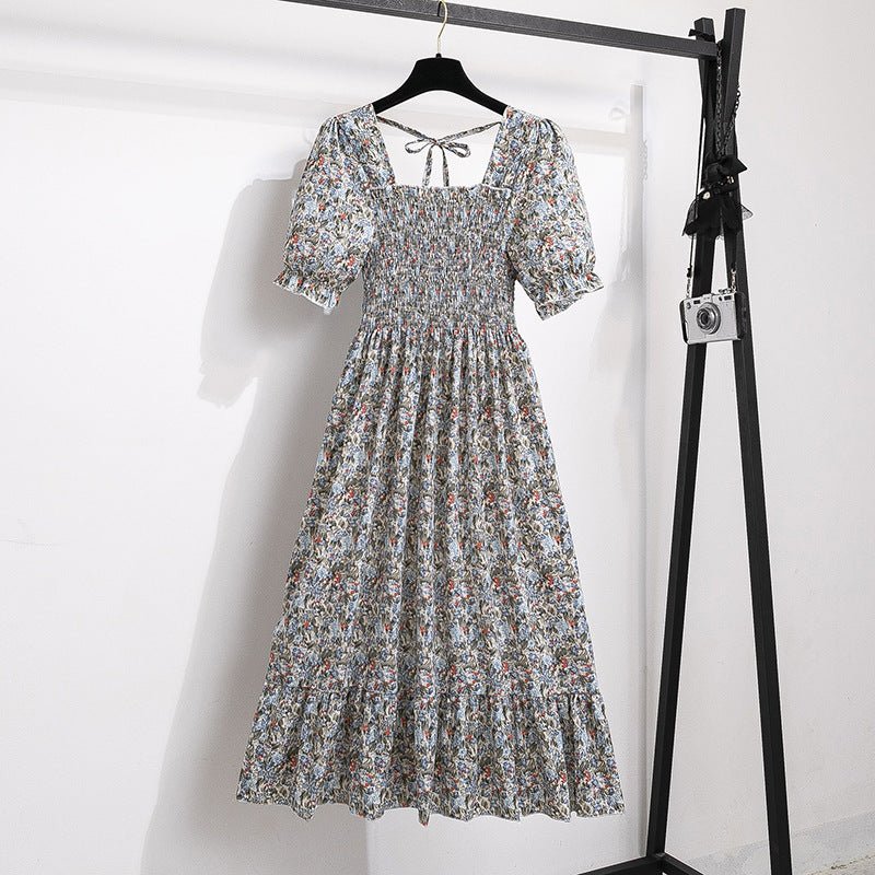 New medium and long skirt French design sense niche high sense floral short - sleeved dress summer women - Negative Apparel