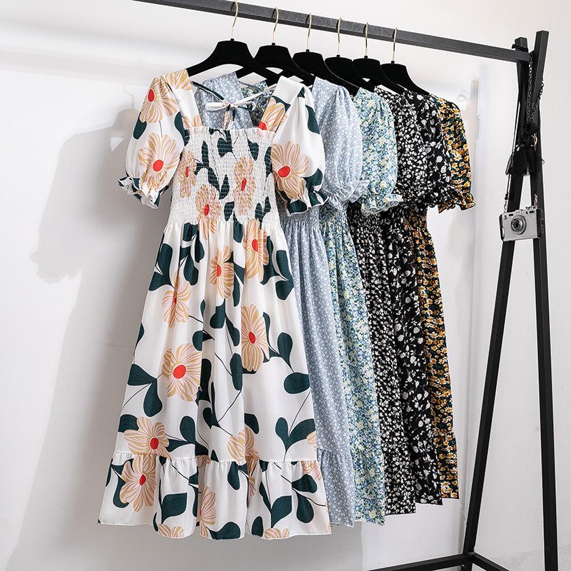 New medium and long skirt French design sense niche high sense floral short - sleeved dress summer women - Negative Apparel