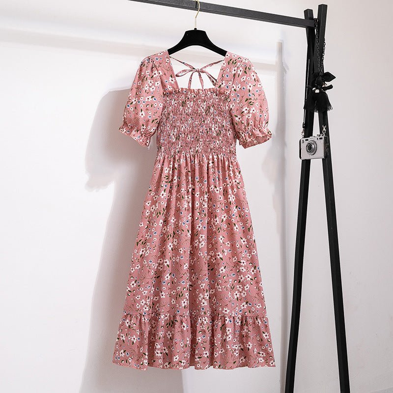 New medium and long skirt French design sense niche high sense floral short - sleeved dress summer women - Negative Apparel