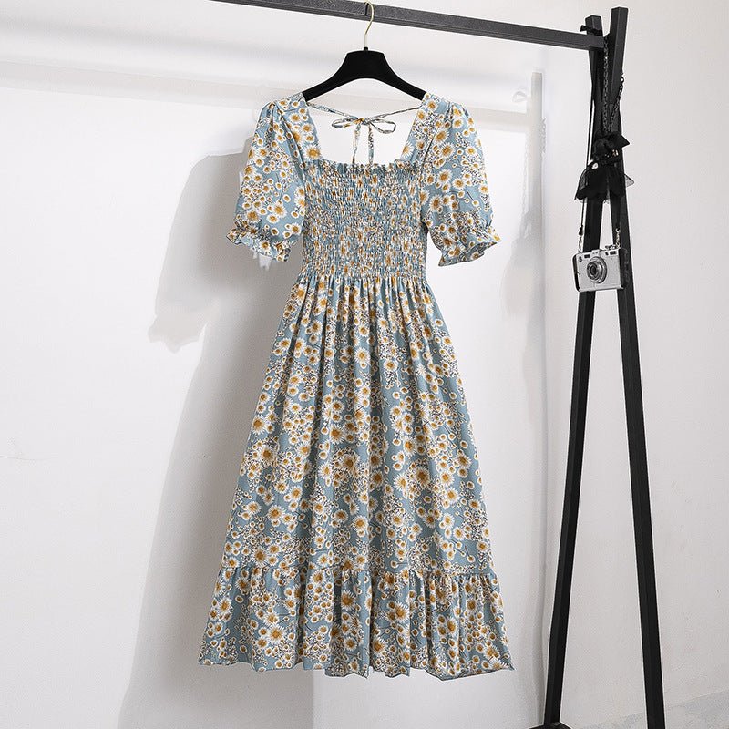 New medium and long skirt French design sense niche high sense floral short - sleeved dress summer women - Negative Apparel