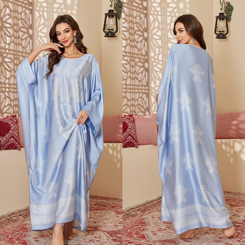 new pajamas women's spring and autumn mid - east wind satin fashion gorgeous printed blouse long nightgown DP3399 - Negative Apparel