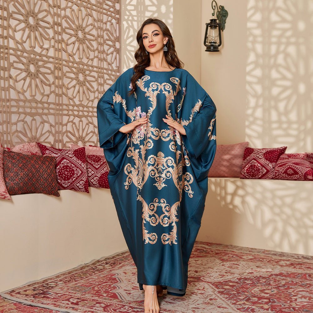 new pajamas women's spring and autumn mid - east wind satin fashion gorgeous printed blouse long nightgown DP3399 - Negative Apparel