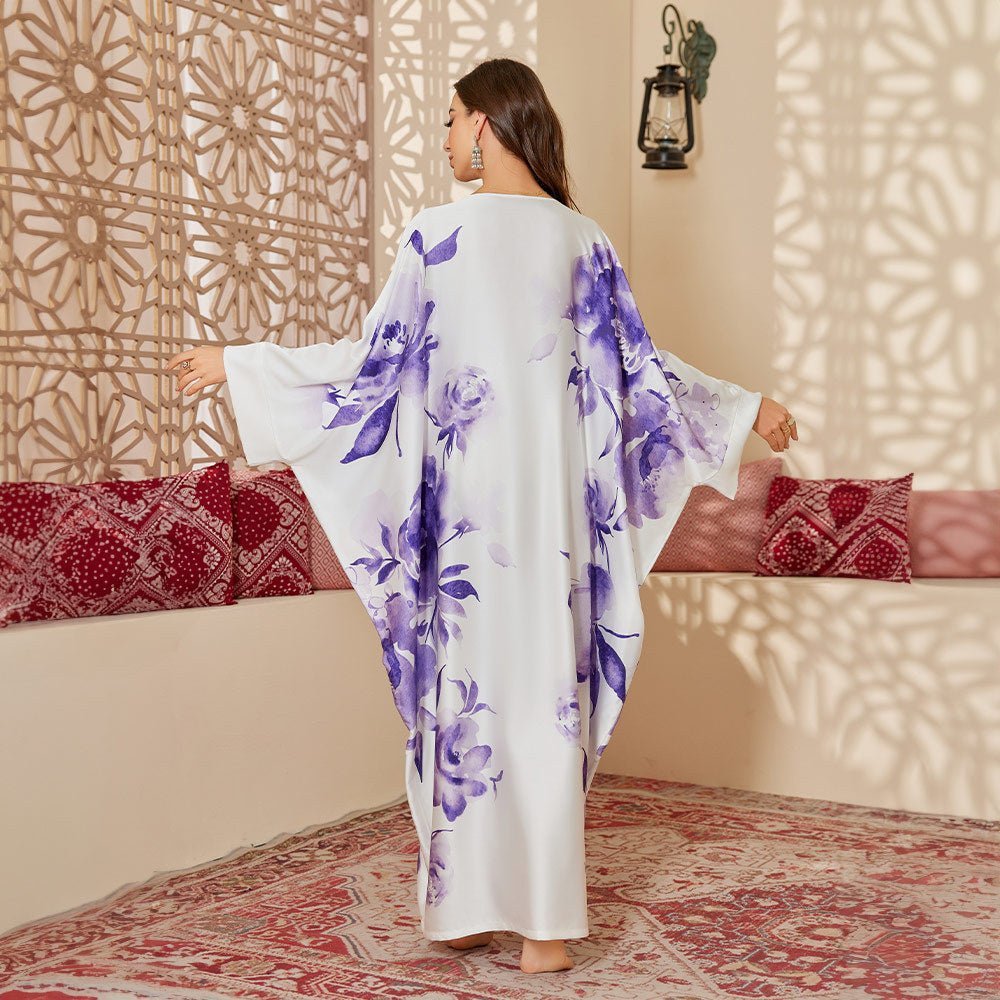 new pajamas women's spring and autumn mid - east wind satin fashion gorgeous printed blouse long nightgown DP3399 - Negative Apparel
