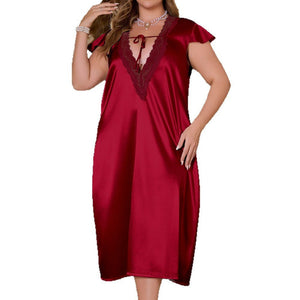 new pajamas women's spring and autumn solid color lace lace ice silk large size loose gorgeous nightdress SQ22131 - Negative Apparel