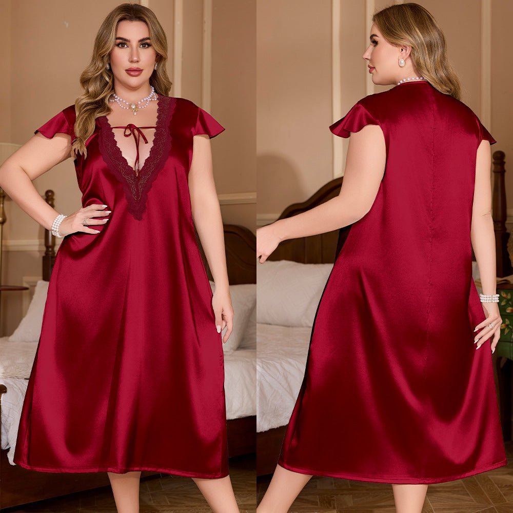 new pajamas women's spring and autumn solid color lace lace ice silk large size loose gorgeous nightdress SQ22131 - Negative Apparel