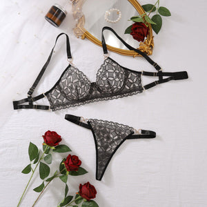 New perspective rhombus embroidery slim - fitting sexy underwear split set with steel ring - Negative Apparel