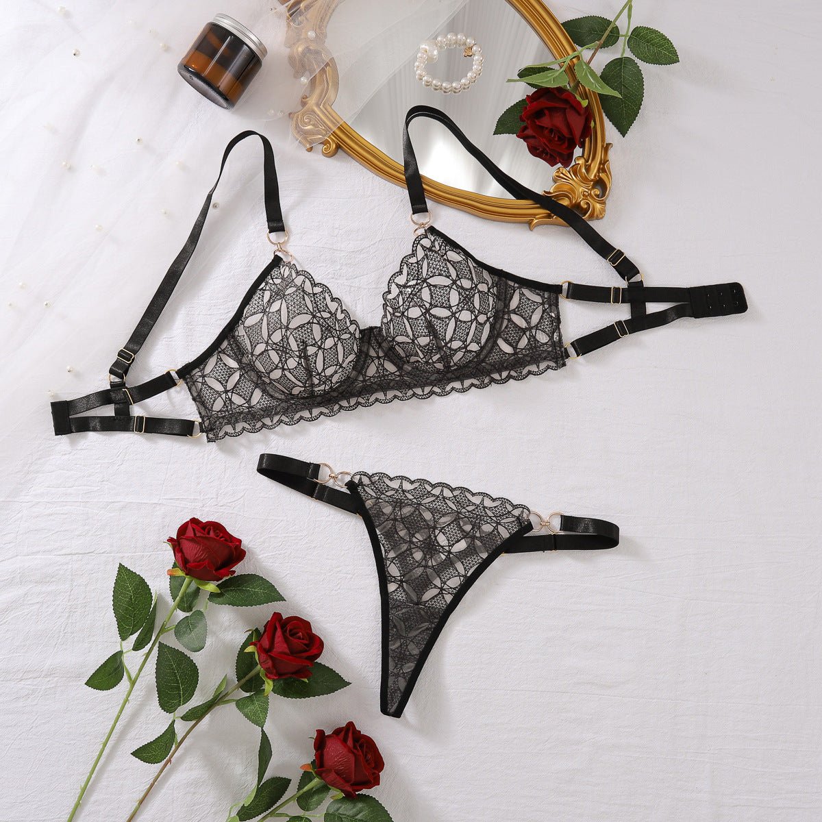 New perspective rhombus embroidery slim - fitting sexy underwear split set with steel ring - Negative Apparel