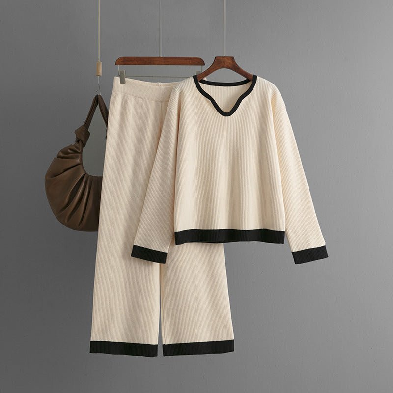 New pit strip knitted suit women's V - neck contrasting top wide - leg pants two - piece set - Negative Apparel