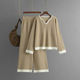 New pit strip knitted suit women's V - neck contrasting top wide - leg pants two - piece set - Negative Apparel
