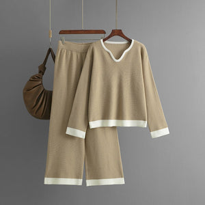 New pit strip knitted suit women's V - neck contrasting top wide - leg pants two - piece set - Negative Apparel