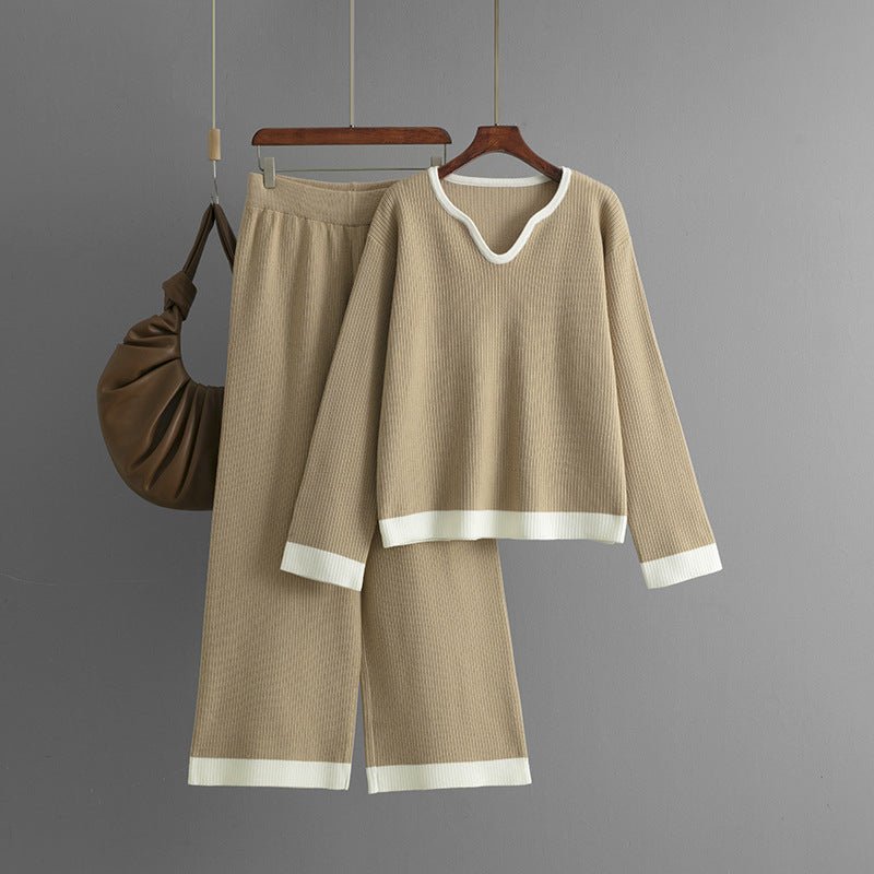 New pit strip knitted suit women's V - neck contrasting top wide - leg pants two - piece set - Negative Apparel
