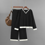 New pit strip knitted suit women's V - neck contrasting top wide - leg pants two - piece set - Negative Apparel