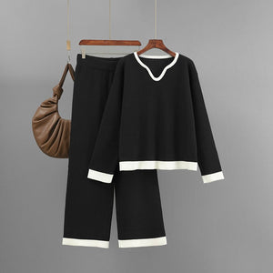 New pit strip knitted suit women's V - neck contrasting top wide - leg pants two - piece set - Negative Apparel
