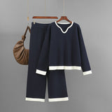 New pit strip knitted suit women's V - neck contrasting top wide - leg pants two - piece set - Negative Apparel