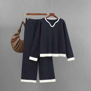 New pit strip knitted suit women's V - neck contrasting top wide - leg pants two - piece set - Negative Apparel