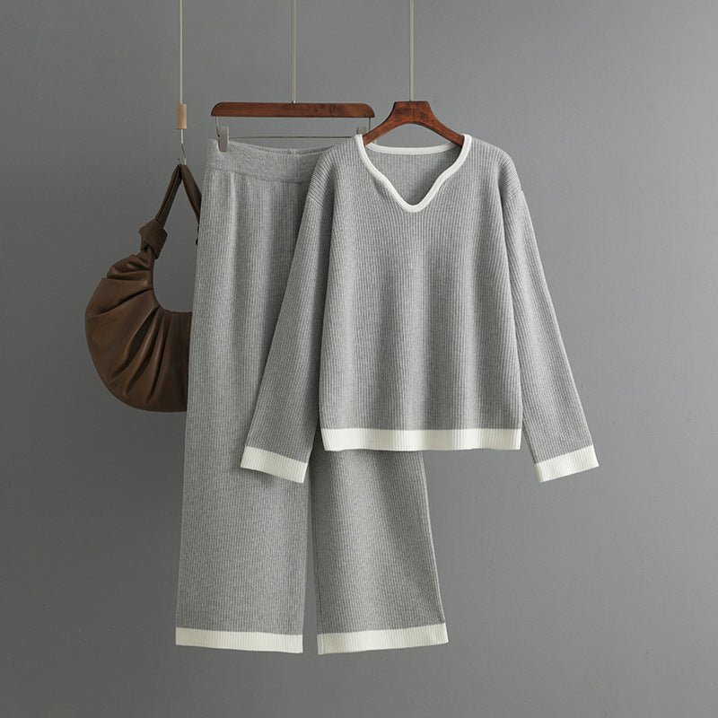 New pit strip knitted suit women's V - neck contrasting top wide - leg pants two - piece set - Negative Apparel