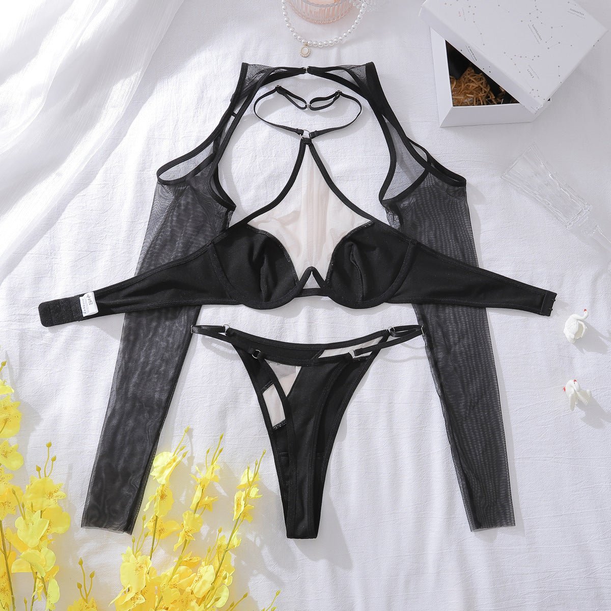New product tulle pure desire perspective hanging neck band sleeves body sculpting sexy underwear split set - Negative Apparel