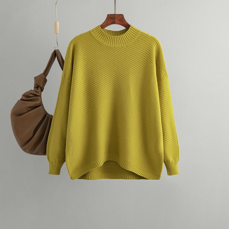 New retro loose large size long - sleeved top solid color pullover knit sweater women's half turtleneck sweater bottoming shirt - Negative Apparel