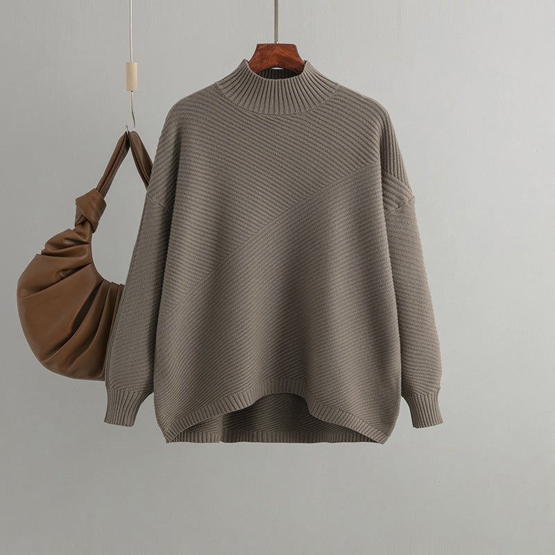 New retro loose large size long - sleeved top solid color pullover knit sweater women's half turtleneck sweater bottoming shirt - Negative Apparel