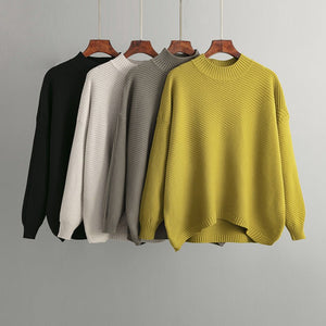 New retro loose large size long - sleeved top solid color pullover knit sweater women's half turtleneck sweater bottoming shirt - Negative Apparel