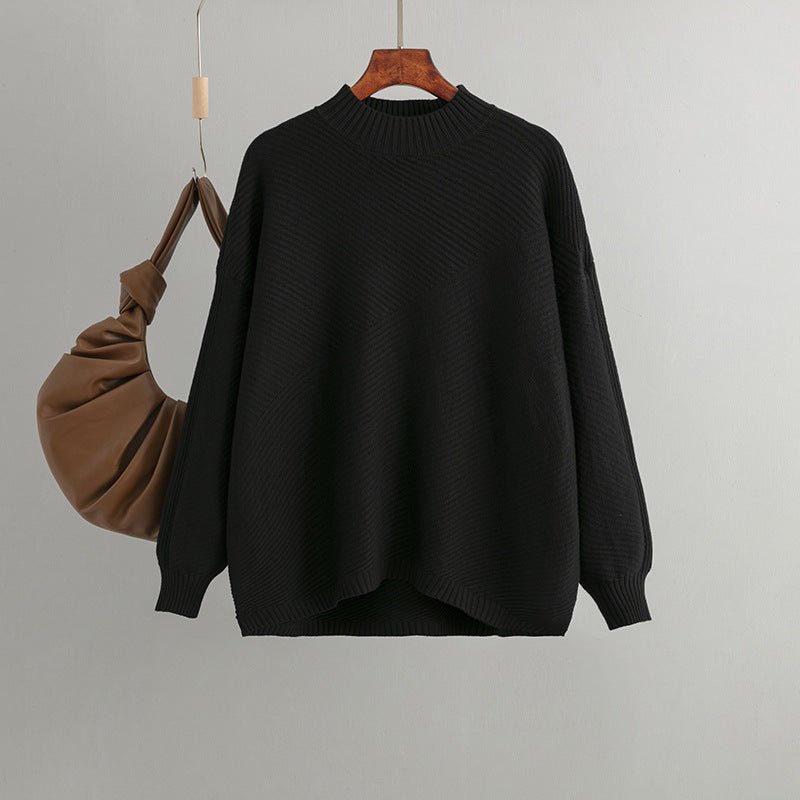 New retro loose large size long - sleeved top solid color pullover knit sweater women's half turtleneck sweater bottoming shirt - Negative Apparel