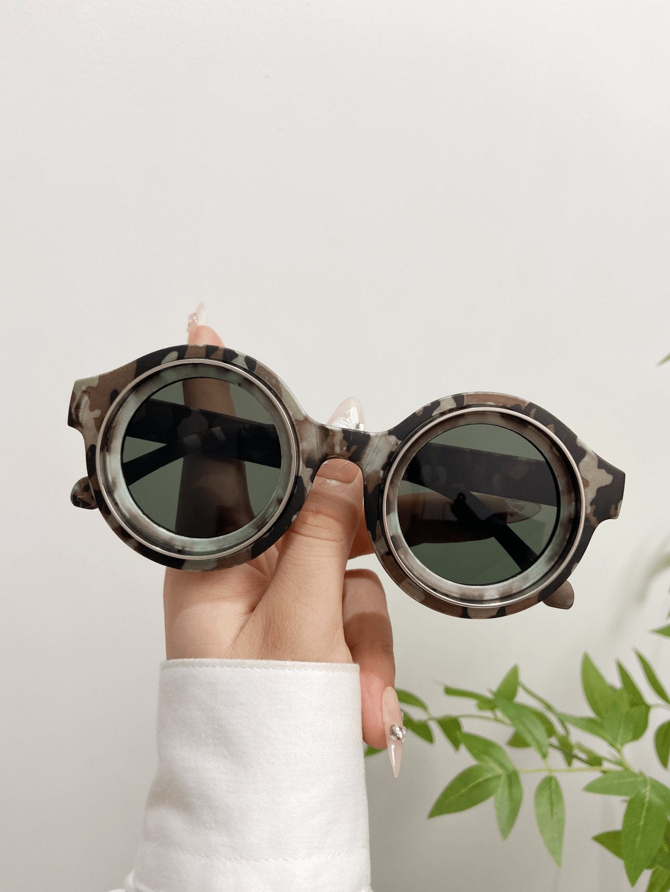 New Retro Round Frame Camo Sunglasses, Metal Double Ring Big Frame Outdoor Trendy Party Hiphop Couple Daily Wear Sunglasses - Negative Apparel