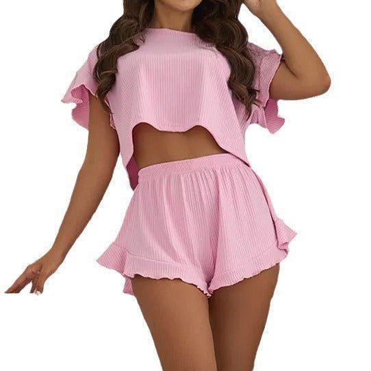 New ruffled loose short tops and shorts two - piece suits for women's home clothes - Negative Apparel