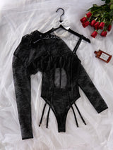 New see - through lace suspenders with button - down crotch - opening jumpsuit pullover waistcoat suit - Negative Apparel