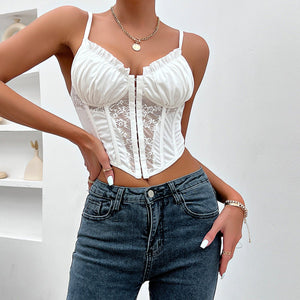 New simple advanced lace pleated wood ear edge buttoned fish bone small vest - Negative Apparel