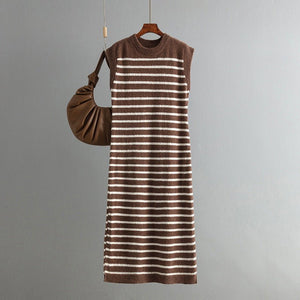 New slim - fit intercolor women's knitted sweater striped long dress fashion dress - Negative Apparel