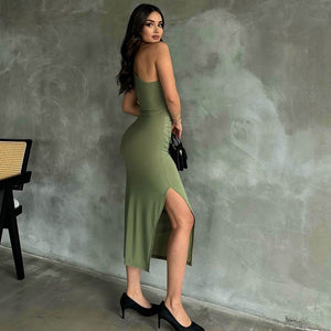 New solid color one - shoulder sleeveless gathered slit dress - Negative Apparel