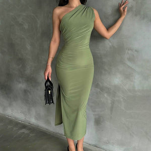 New solid color one - shoulder sleeveless gathered slit dress - Negative Apparel