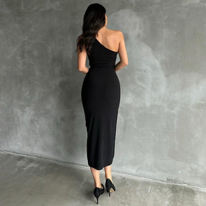 New solid color one - shoulder sleeveless gathered slit dress - Negative Apparel