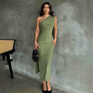 New solid color one - shoulder sleeveless gathered slit dress - Negative Apparel