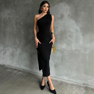 New solid color one - shoulder sleeveless gathered slit dress - Negative Apparel