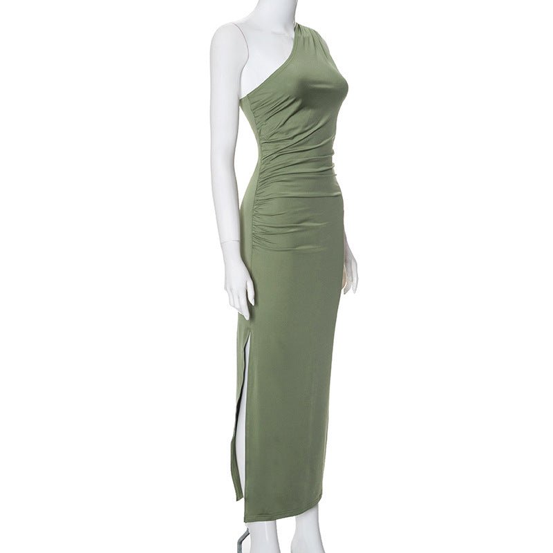 New solid color one - shoulder sleeveless gathered slit dress - Negative Apparel