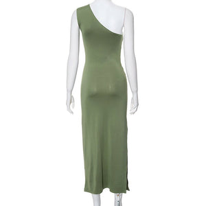 New solid color one - shoulder sleeveless gathered slit dress - Negative Apparel