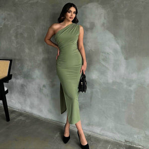 New solid color one - shoulder sleeveless gathered slit dress - Negative Apparel