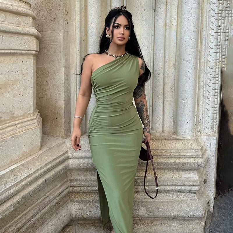 New solid color one - shoulder sleeveless gathered slit dress - Negative Apparel