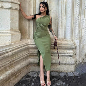 New solid color one - shoulder sleeveless gathered slit dress - Negative Apparel